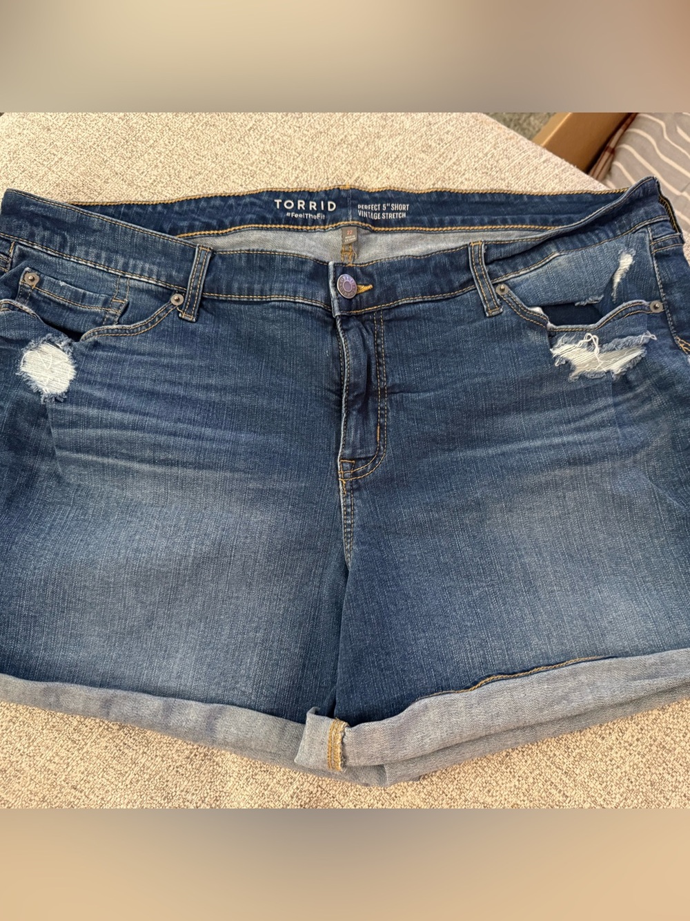 torrid dark blue distressed cuffed jean shorts